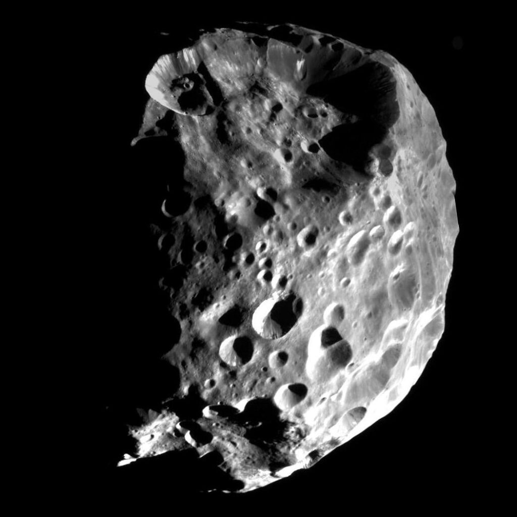 Cassini spacecraft image of the Saturn moon Phoebe as it flew past it in 2004 just before entering Saturn's orbit (NASA, Cassini)