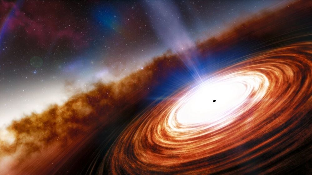 This artist's illustration shows a supermassive black hole (SMBH) in the early Universe. The JWST found galaxies in the very early Universe that were extremely massive compared to their host galaxies. New research has an explanation for those puzzling findings. Image Credit: NOIRLab/NSF/AURA/J. da Silva (Spaceengine)