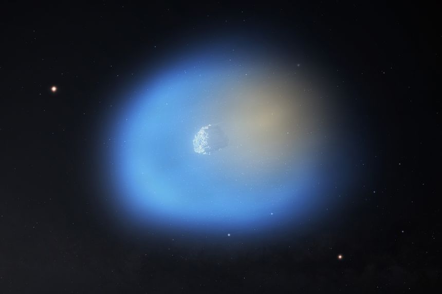 An artist's impression depicts 3I/ATLAS flying by the sun, with methanol gas shown in blue and hydrogen cyanide in orange.