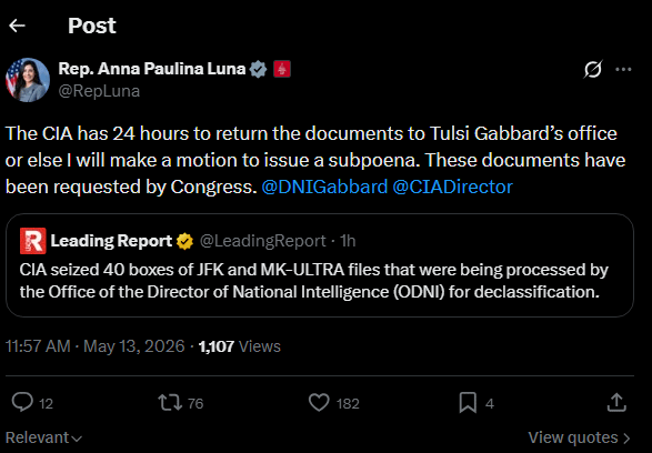 Rep. Luna on MKUltra Files: "The CIA has 24 hours to return the documents to Tulsi Gabbard’s office or else I will make a motion to issue a subpoena. These documents have been requested by Congress."