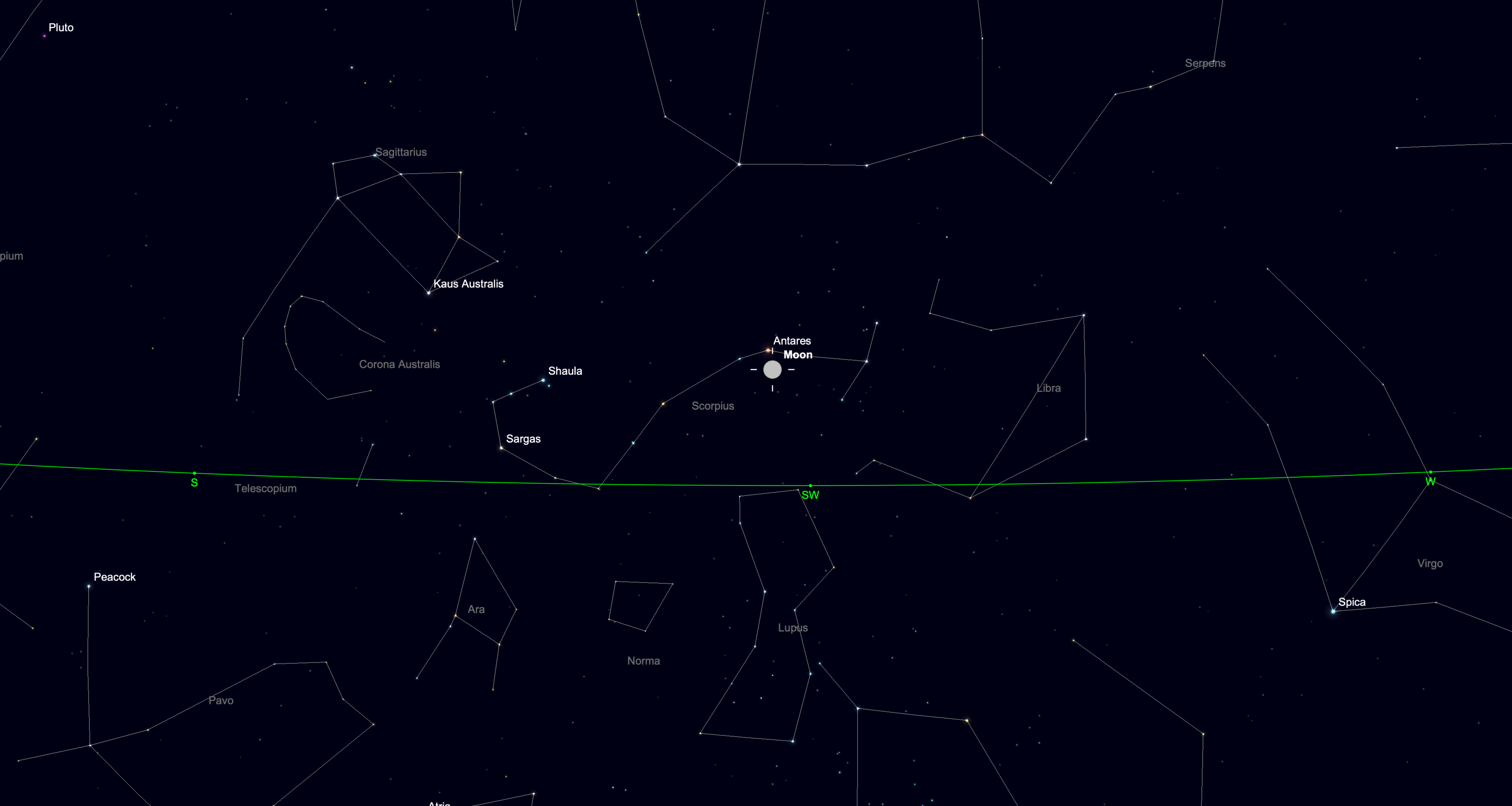 A full moon appears alongside Antares.