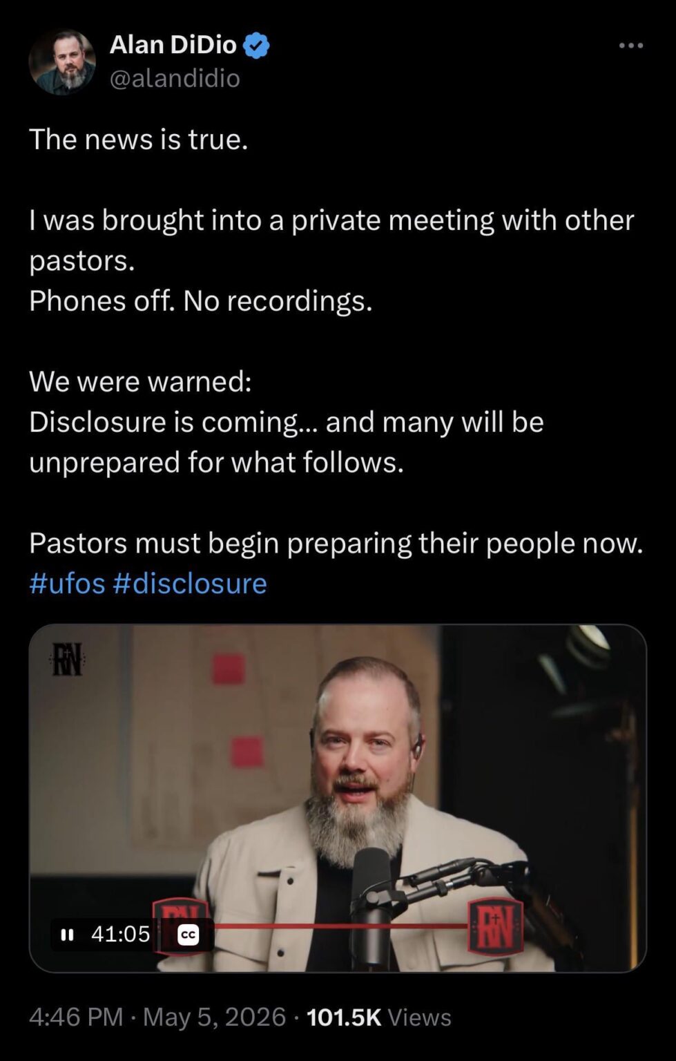 UFO Religion Breaking News: Yet another Pastor, Alan DiDio, Confirms…Group of Pastors were briefed on The Phenomenon and Disclosure! Flood Gates are Breaking! “Many will be unprepared for what’s coming!