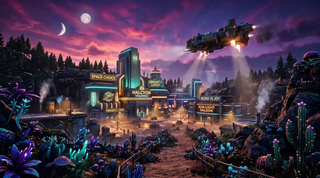 Retro-futuristic alien planet with Art Deco buildings and purple twilight sky from The Outer Worlds