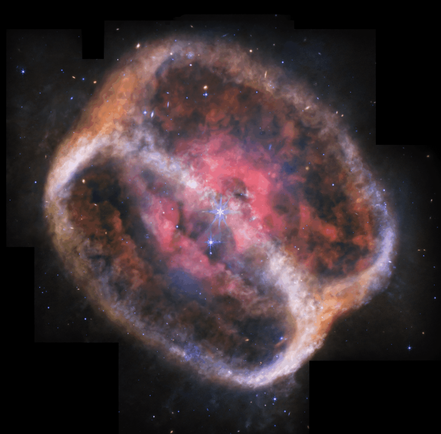 NASA’s James Webb Space Telescope has taken the most detailed image of planetary nebula NGC 1514 to date thanks to its unique mid-infrared observations. Webb shows its rings as intricate clumps of dust. It’s also easier to see holes punched through the bright pink central region. NASA, ESA, CSA, STS