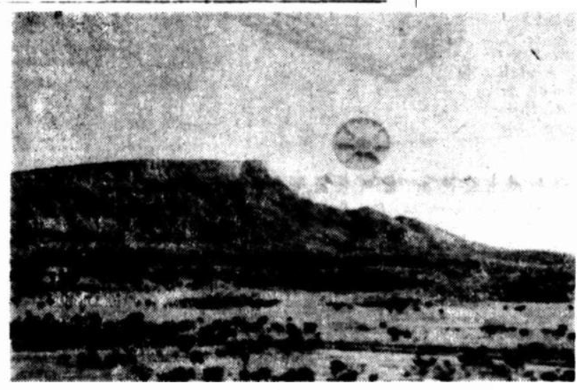 Doctored image purportedly showing a UFO sighting, published in the Centralian Advocate on 5 February 1954