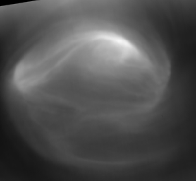 GIF of the ESA Venus Express spacecraft images of the polar vortex (or cyclone) at the south pole of Venus. This was made from 10 images taken over a period of five hours,