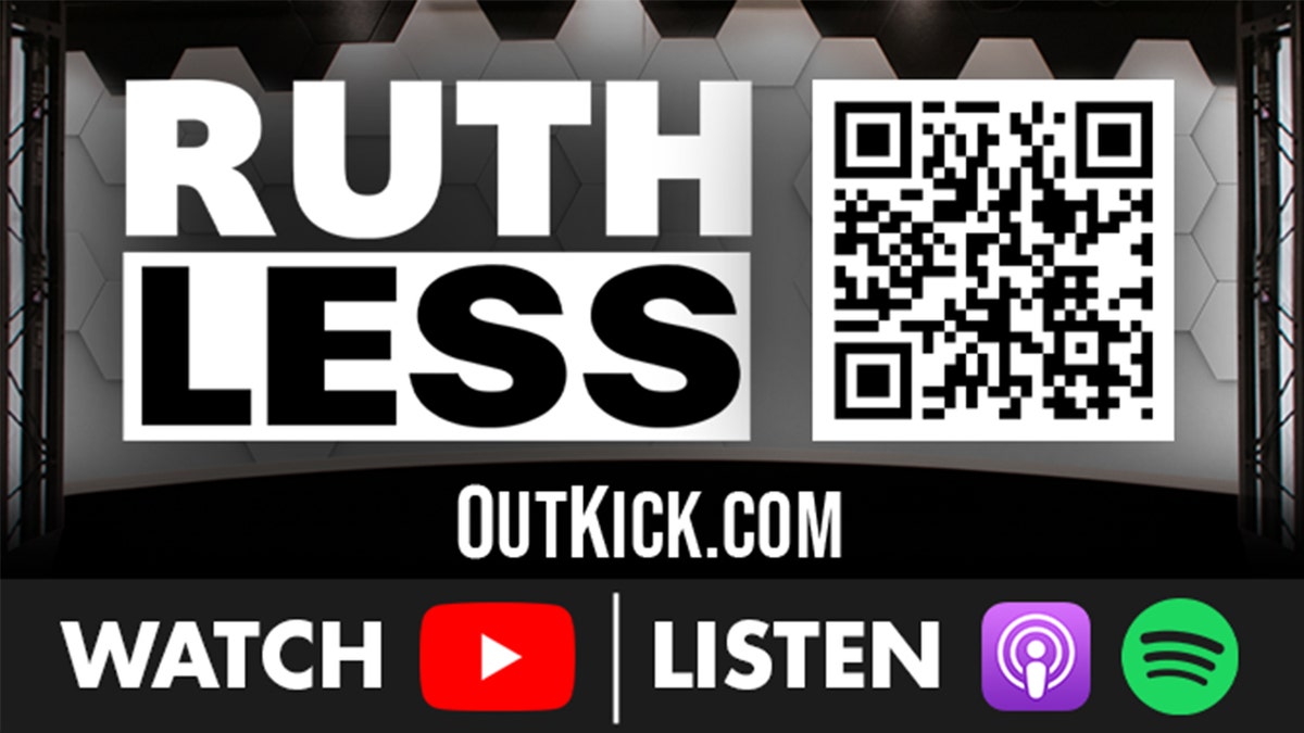 Ruthless podcast logo with QR code for access