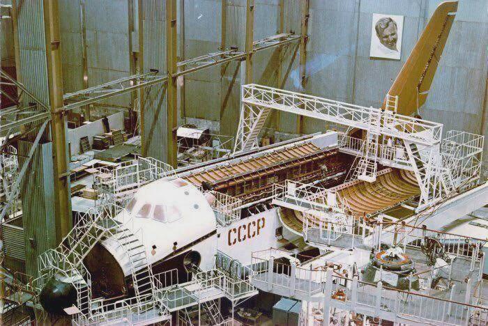 Assembling the Buran spacecraft; while the American Space shuttle needed a pilot on board, the Buran was traveling with autopilot, cutting-edge for the time, USSR, 1980s.