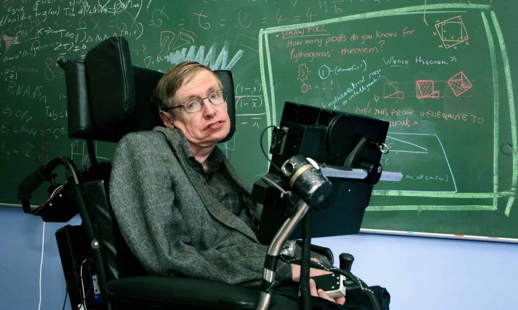 Elderly scientist in wheelchair conducting research in front of a chalkboard filled with scientific. Stephen Hawking