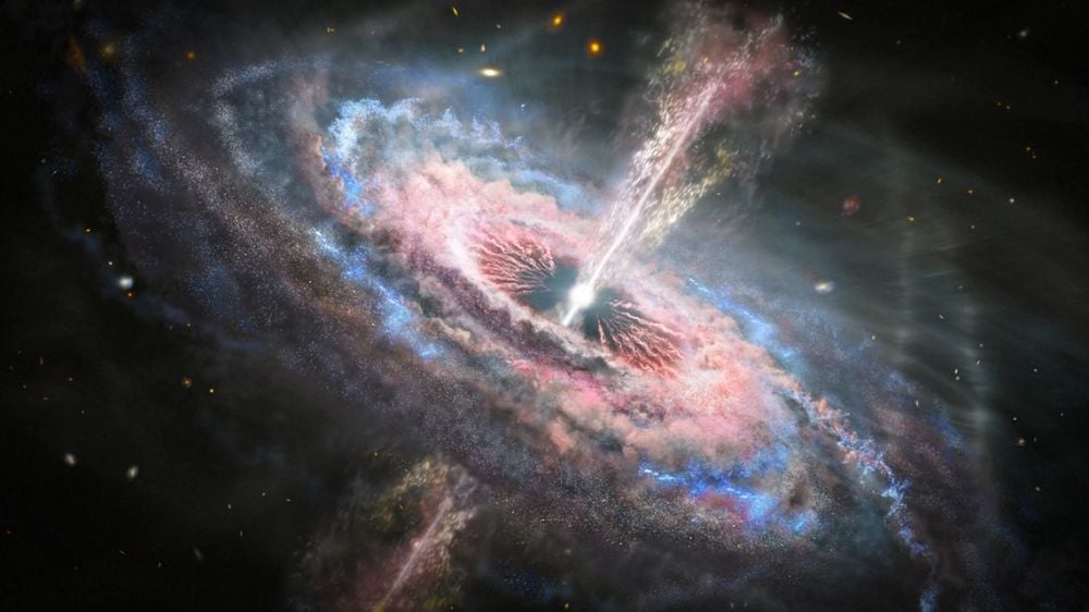 How Super-Quasars Shaped Early Galaxies and Confounded the JWST This artist's illustration shows a massive galaxy with an active quasar in its center. Quasars are known for their astrophysical jets, but they also have outflows that are more like stellar winds. New research shows that quasars in the ancient Universe were more powerful than modern ones, and they can explain some of the JWST's puzzling observations. Image Credit: NASA, ESA and J. Olmsted (STScI)
