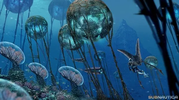 A vibrant underwater scene featuring jellyfish-like creatures and a diver exploring colorful corals.