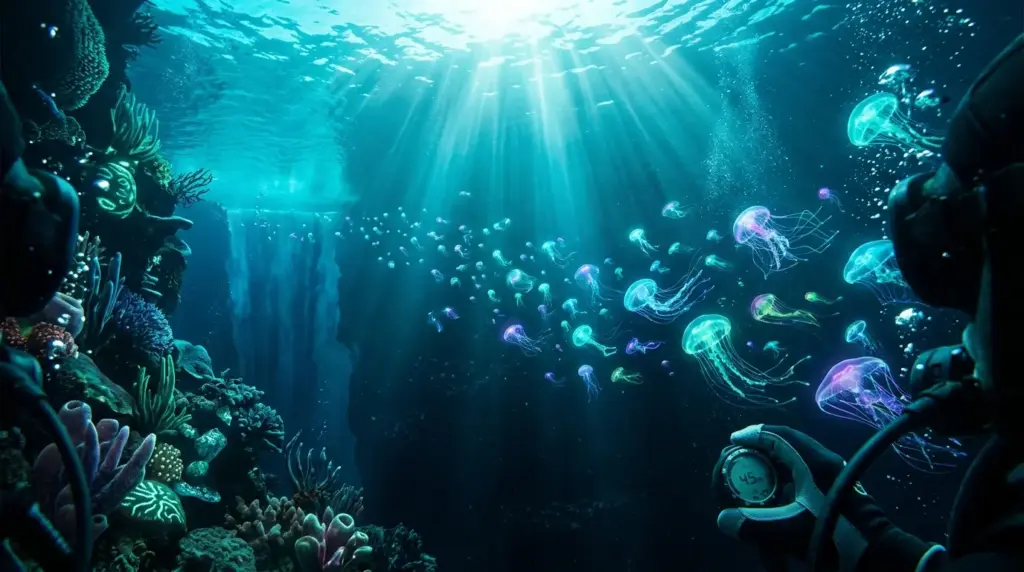 Diver exploring mysterious alien ocean depths with bioluminescent creatures and dramatic sunlight rays