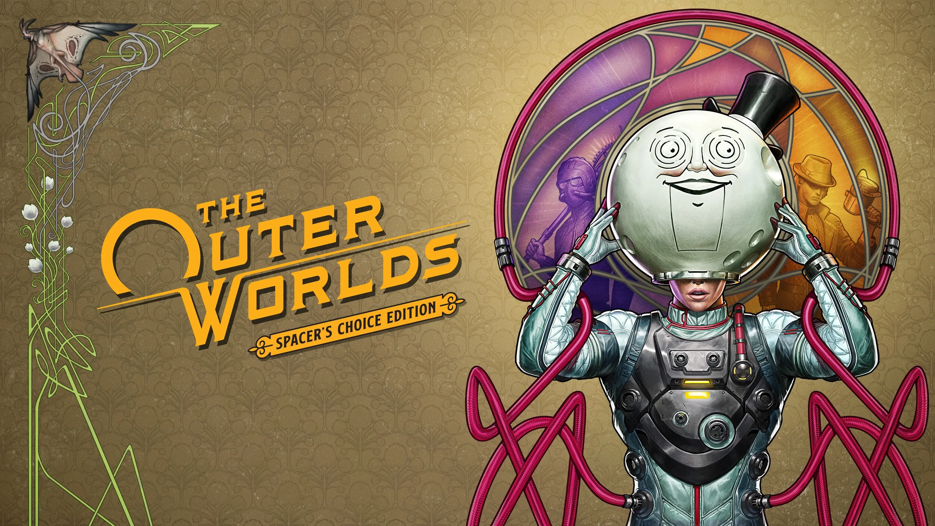 A character with a round, smiling headpiece in a futuristic suit, surrounded by colorful designs.