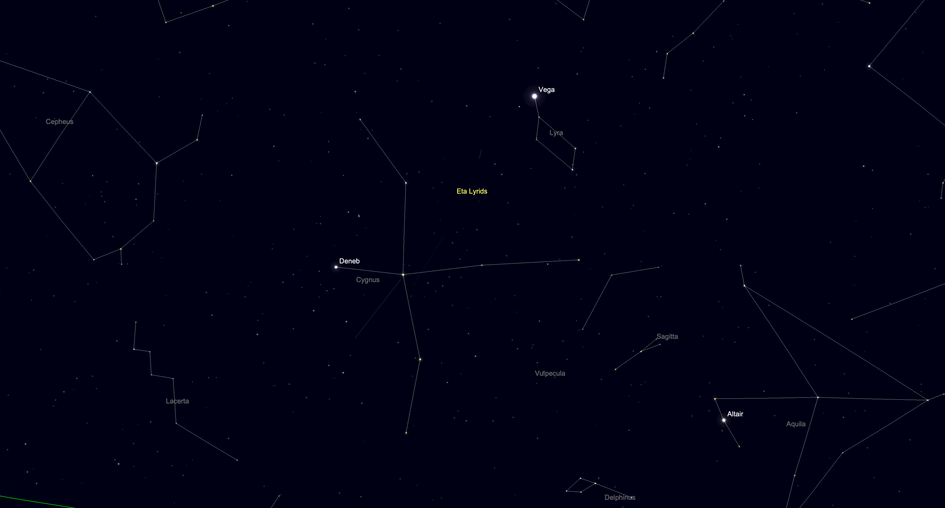 Star chart of the Eta Lyrids meteor shower with its radiant near the constellation Lyra and surrounding stars.