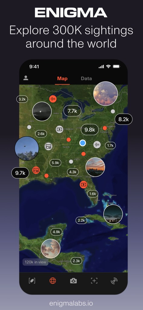 An illustration of a smartphone screen displaying a map of the eastern United States and Caribbean, with numbers indicating UFO sightings.