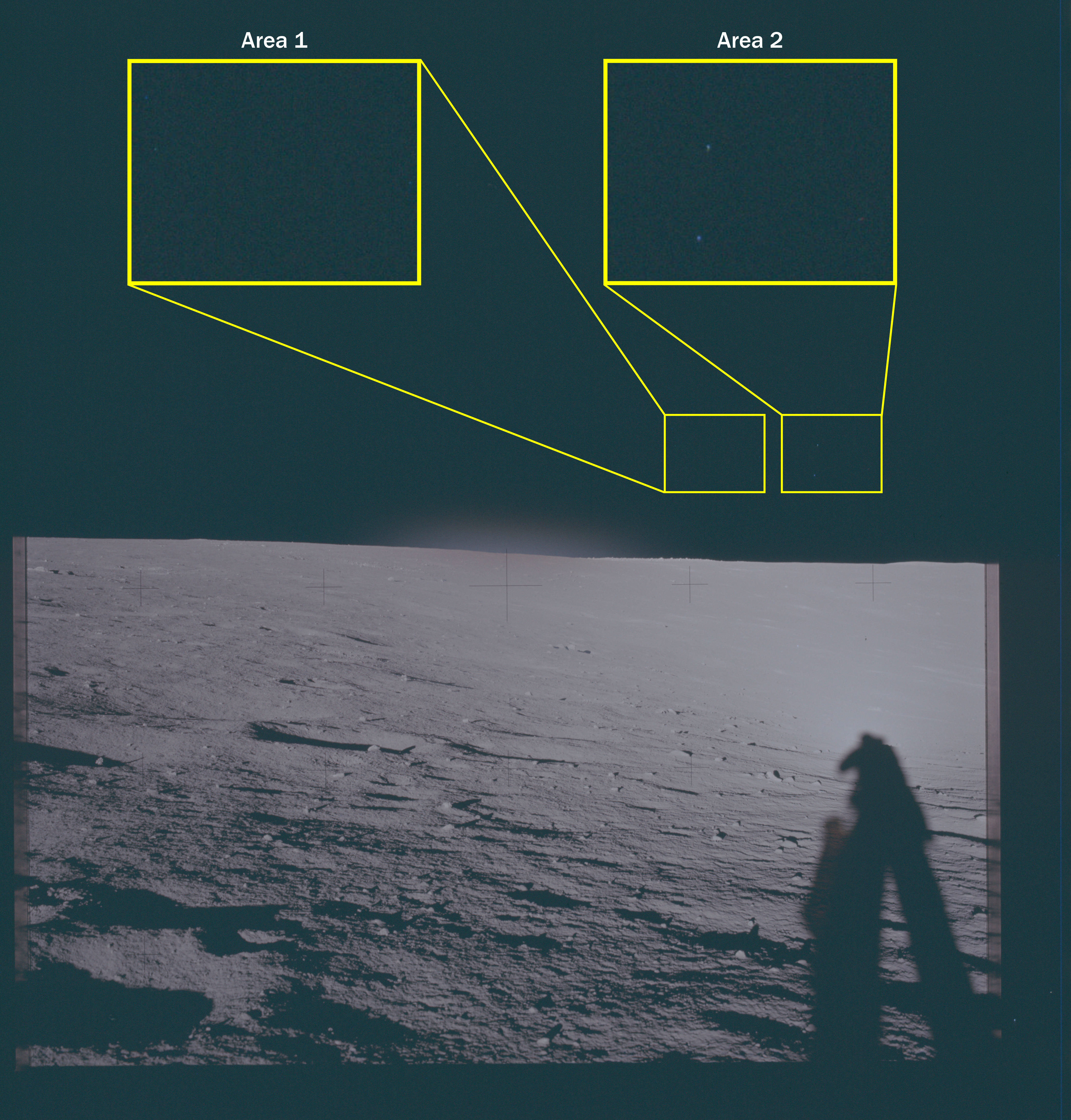 Another photo shows taken from the landing site shows two pairs of barely visible, luminous specks.