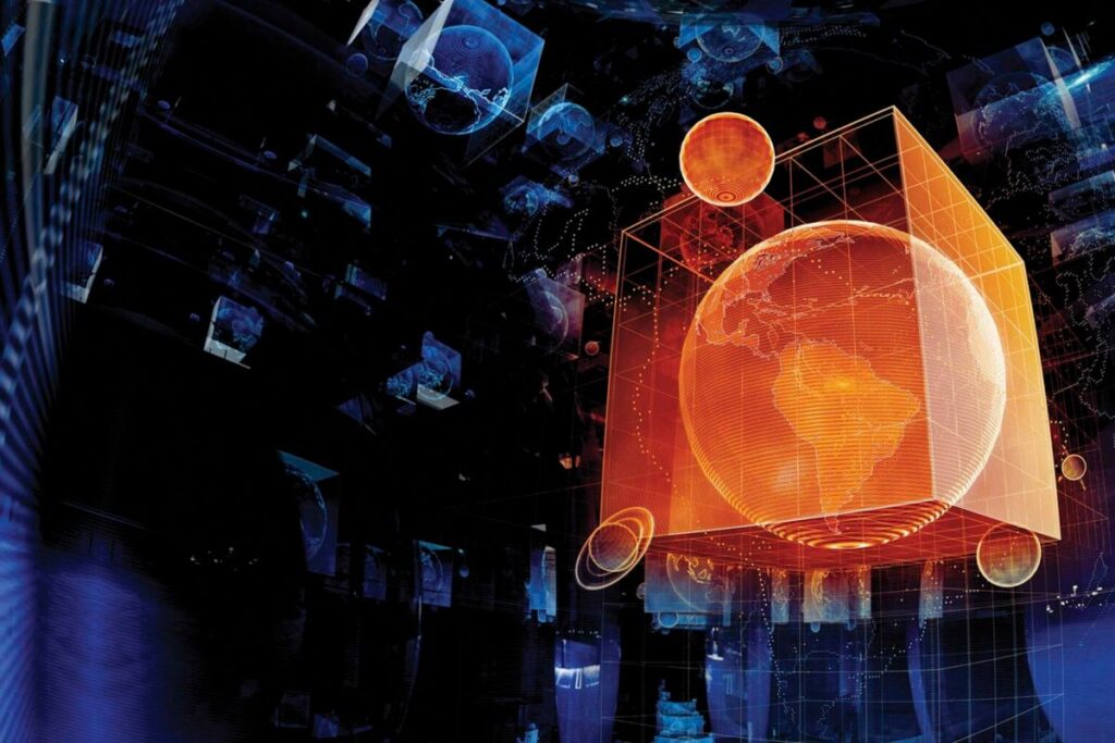 Illustration of the Earth and other planets within holographic cubes