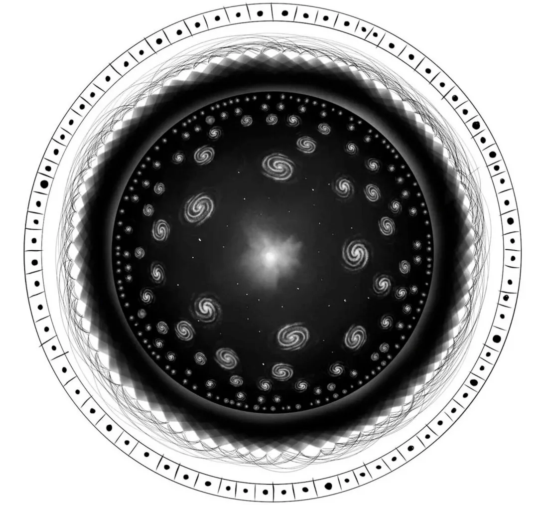 A diagram depicting how the Universe may emerge from a hologram, where entangled qubits on its boundary encode the information shaping time and space