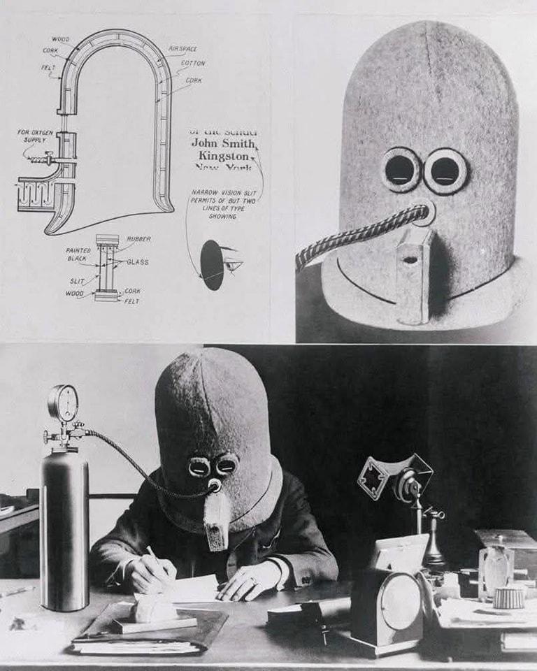 "The Isolator" was a helmet created in 1925 by Hugo Gernsback to eliminate distractions and maximize concentration. Made of wood, it almost completely blocked out sounds and peripheral vision, leaving only a narrow slit for reading. It was equipped with an oxygen supply system to prevent suffocation