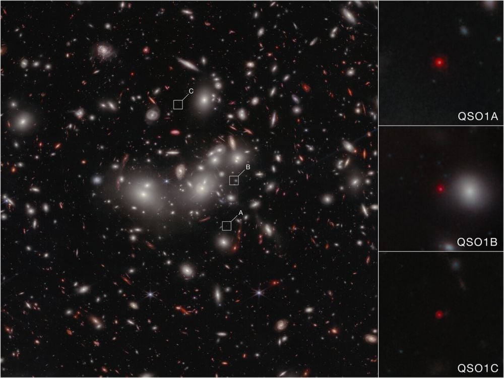 The Weirdness of Early Universe SMBHs Gets Even Weirder This JWST NIRCam image shows Abell2744-QSO1, a prototypical Little Red Dot (LRD) discovered by the JWST. QS01 is magnified and tripled by gravitational lensing from the galaxy cluster Abell 2744. When scientists studied it in detail, they found a 50 million solar mass supermassive black hole (SMBH). It contains twice as much mass as its galaxy, throwing a curveball at astrophysicists trying to understand the growth of SMBH. Image Credit: NASA, ESA, CSA, L. Furtak (Ben-Gurion University), R. Maiolino (Cambridge), F. D'Eugenio (Cambridge), I. Juodžbalis (Cambridge), H. Übler (MPE), C. Marconcini (University of Florence). Image processing: A. Pagan