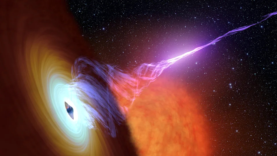 Artist's conception of a black hole with an accretion disk, and jets of hot plasma.
