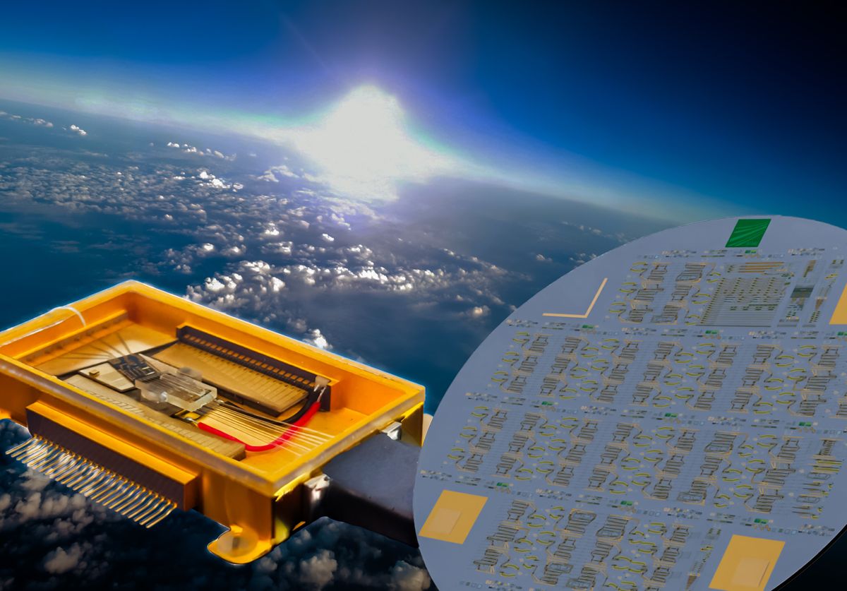 Pilot Photonics OFGU harnesses integrated photonics for the Space market. Wafer image courtesy of Fraunhofer HHI.