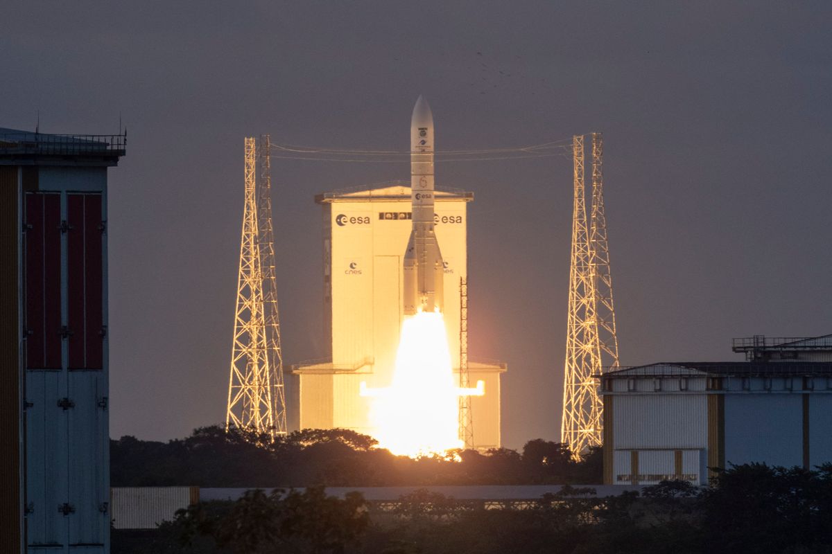 This photograph shows the European Space Agency (ESA) Ariane 6 rocket carrying the Sentinel 1-D earth observation satellite by European Space Agency (ESA) blasts off at the Guiana Space Centre in Kourou, on the French overseas department of Guiana, on November 4, 2025. (Photo by Ronan LIETAR / AFP) (Photo by RONAN LIETAR/AFP via Getty Images)