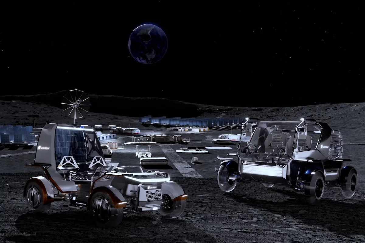 An artist's render of the Pegasus (left) and Eagle (right) LTVs on the lunar surface