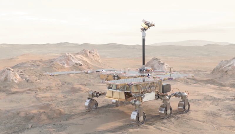Rosalind Franklin rover to search Mars clays for life Boxy rover up on 6 metallic wheels in a rocky, dusty landscape. It has wide solar panels.