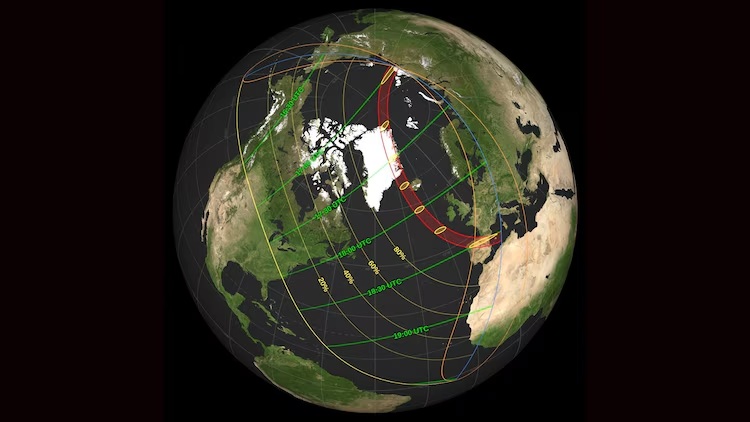 A global map of the shadow path for the August 12, 2026, total solar eclipse.
