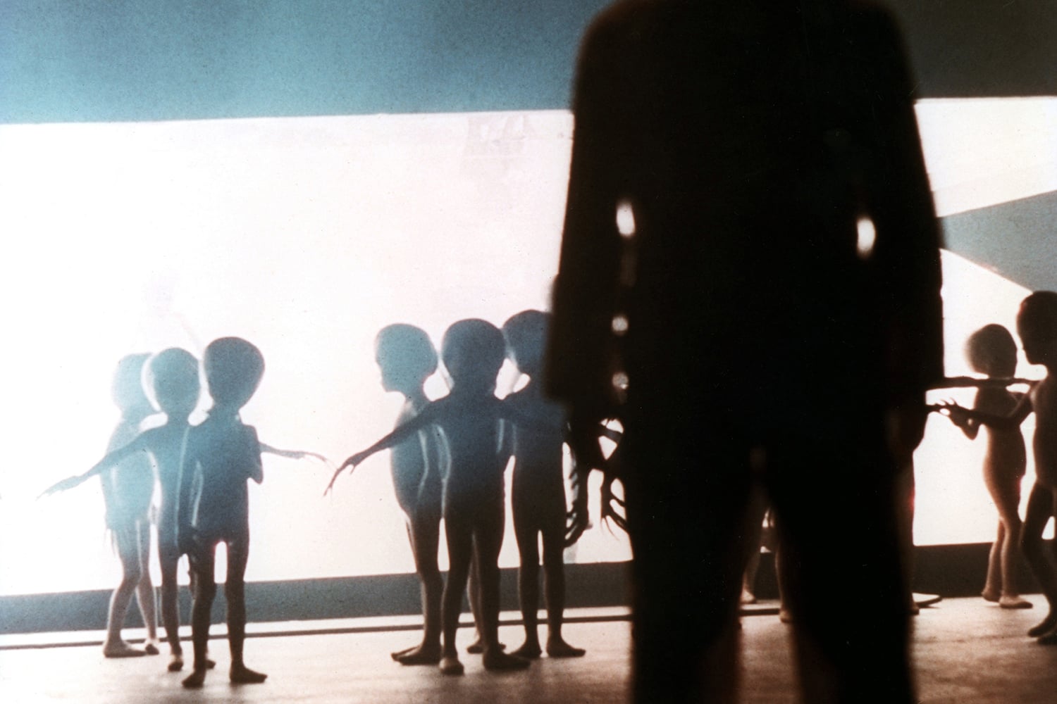 A silhouette of a person’s back stands out-of-focus in the immediate foreground, looking toward a group of small, slender, child-sized figures with large, bulbous heads and big black eyes. The small figures stand in clusters against a brightly glowing, overexposed white background, creating a stark, high-contrast silhouette effect.