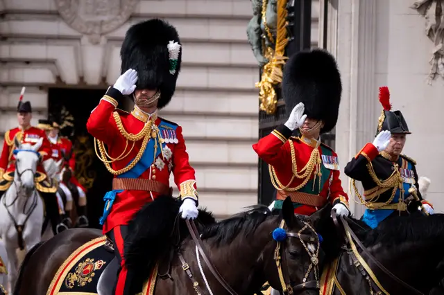 The Prince of Wales, the Duke of Edinburgh and the Princess Royal riding to the Trooping the Colour