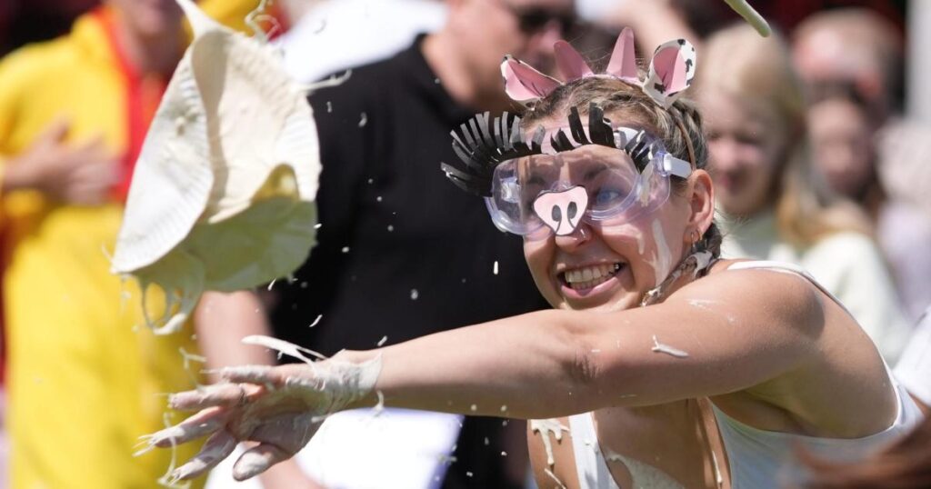 Hundreds of spectators watch World Custard Pie Championships Hundreds of spectators watch World Custard Pie Championships