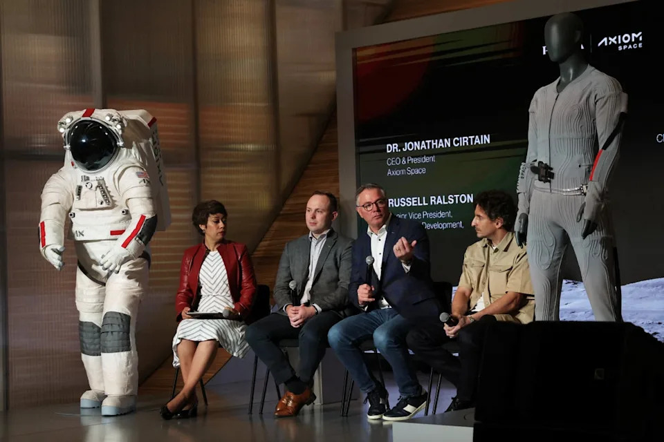 Sonya Gavankar McKay, Russell Ralston, Jonathan Cirtain, and Lorenzo Bertelli speak on a panel during a press event by Prada and Axiom Space in New York City on 7 June, 2026 (Reuters)