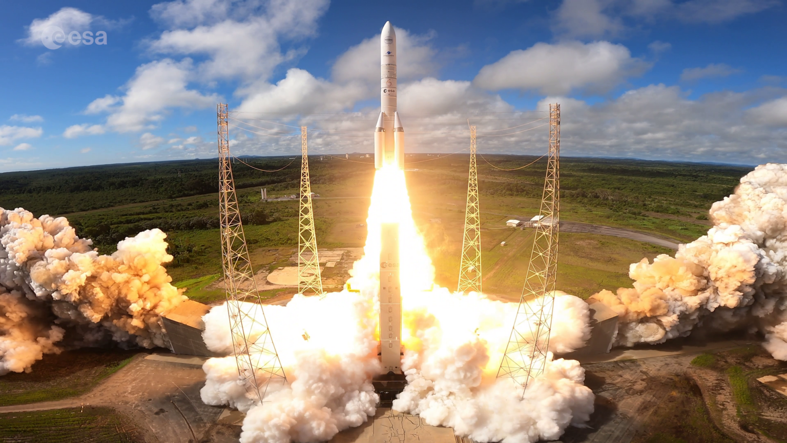Ariane 6 flight VA269: Liftoff captured from the mobile gantry Ariane 6 flight VA269: Liftoff captured from the mobile gantry