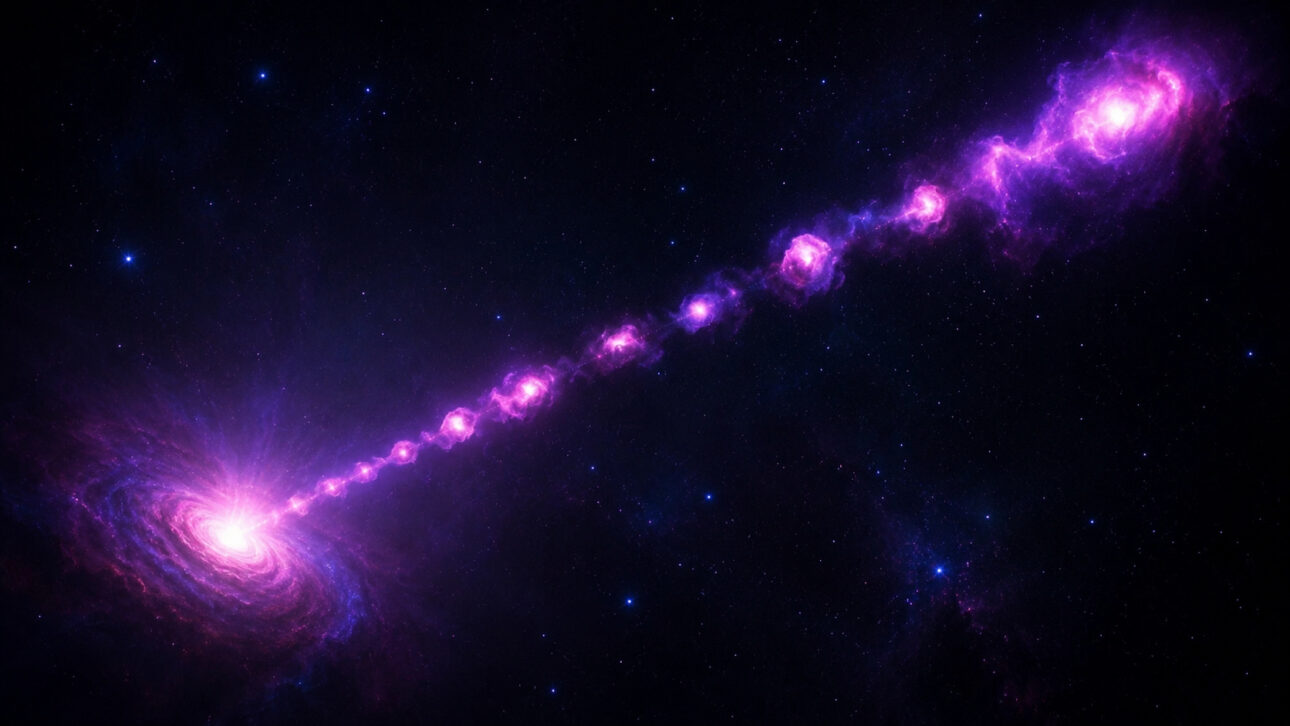 Illustrative representation of a purple and pink cosmic jet emerging from a bright region in space, associated with the M87* black hole and NASA's X-ray observations.