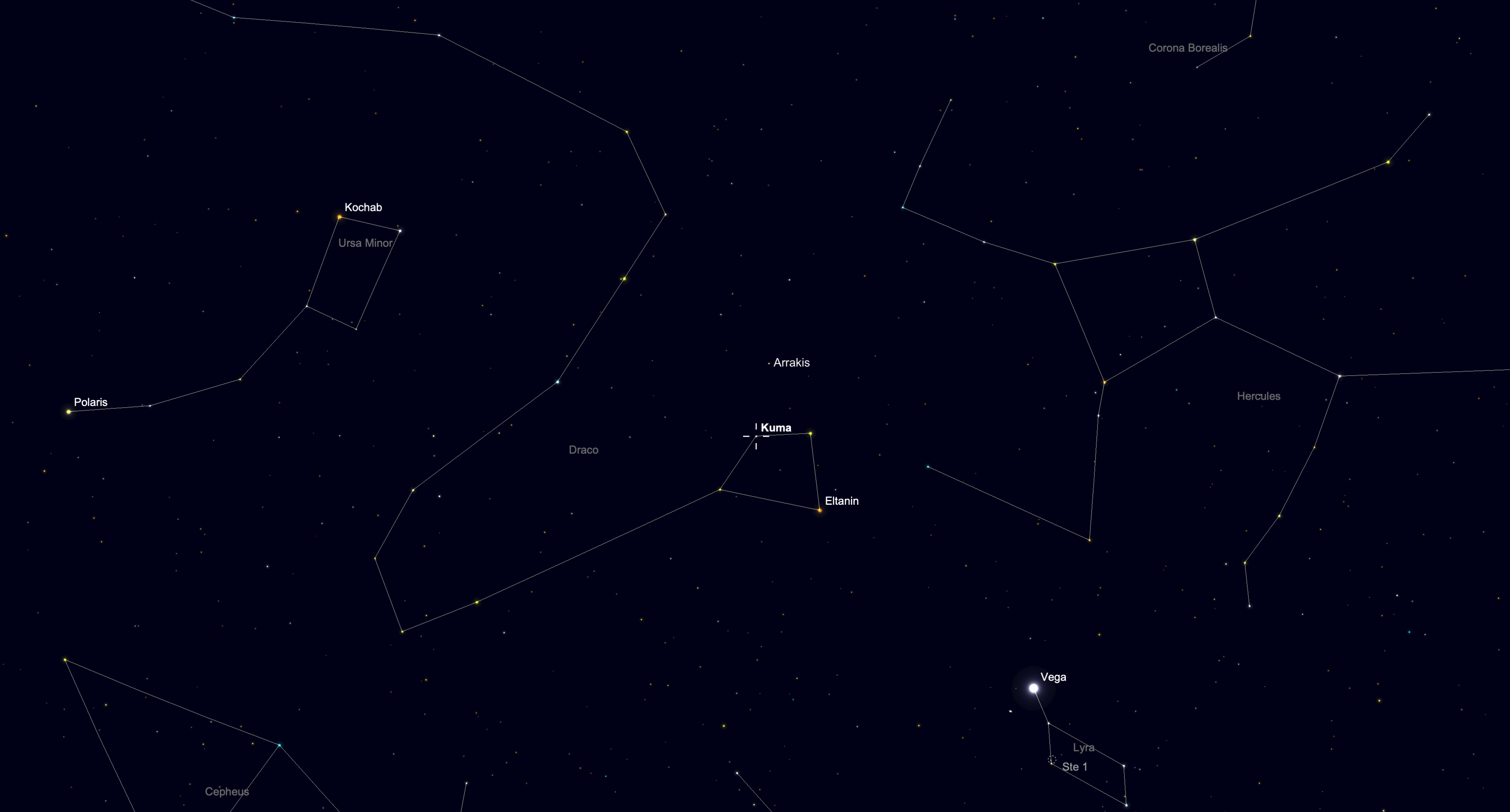 Sky chart highlighting the double star Nu Draconis in the constellation Draco on June 3.