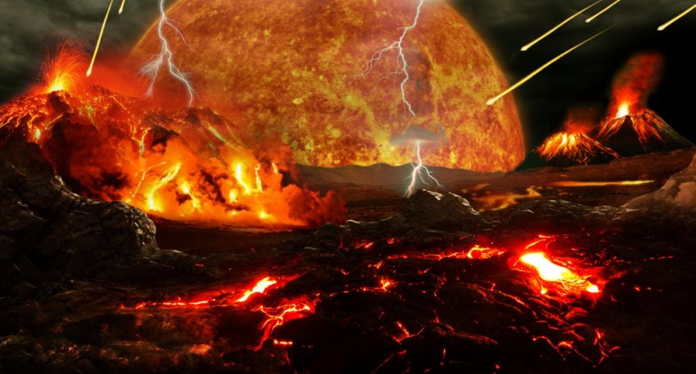 This artist's illustration shows what the early Earth may have looked like. New research shows how the important prebiotic chemical hydrogen cyanide (HCN) could have appeared. HCN is an important precursor to amino acids and nucleic acids, and without it, life may have never arisen. Image Credit: By Tim Bertelink (Own work) [CC BY-SA 4.0], via Wikimedia Commons