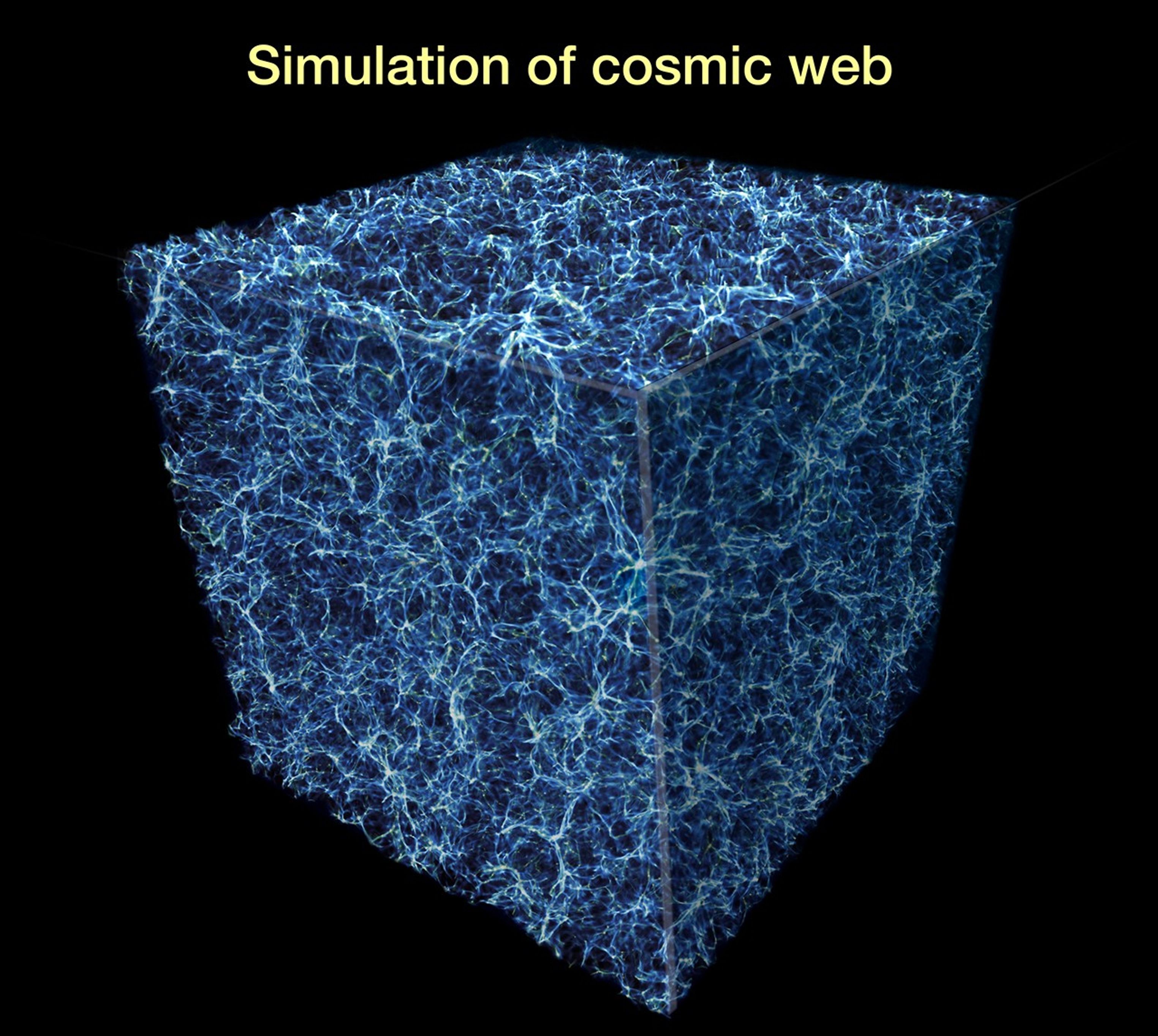 Three sides of a cube are visible. Blue and white filaments fill the cube.  Points where several intersect are bright white.