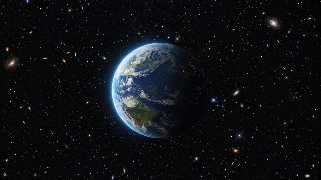Planet Earth illuminated in deep space surrounded by billions of stars and galaxies, feeling of cosmic solitude
