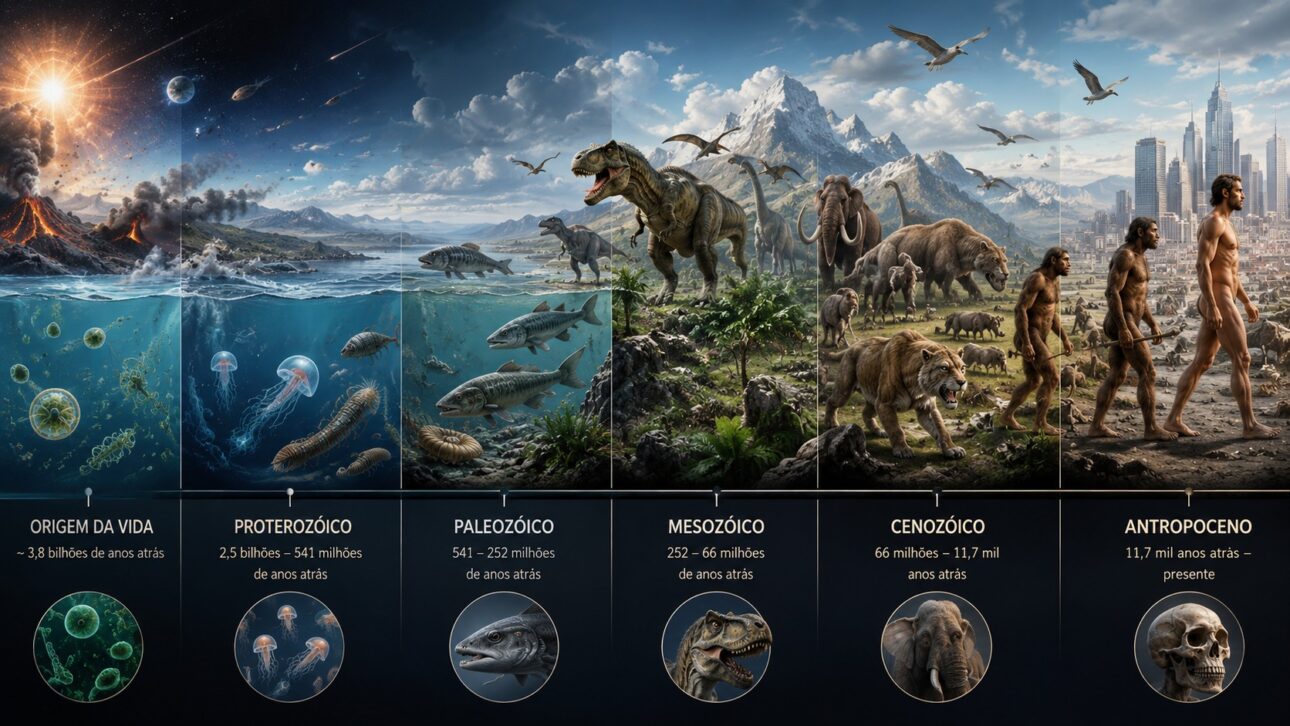Evolutionary timeline showing unicellular organisms, fish, dinosaurs, mammals, and humans