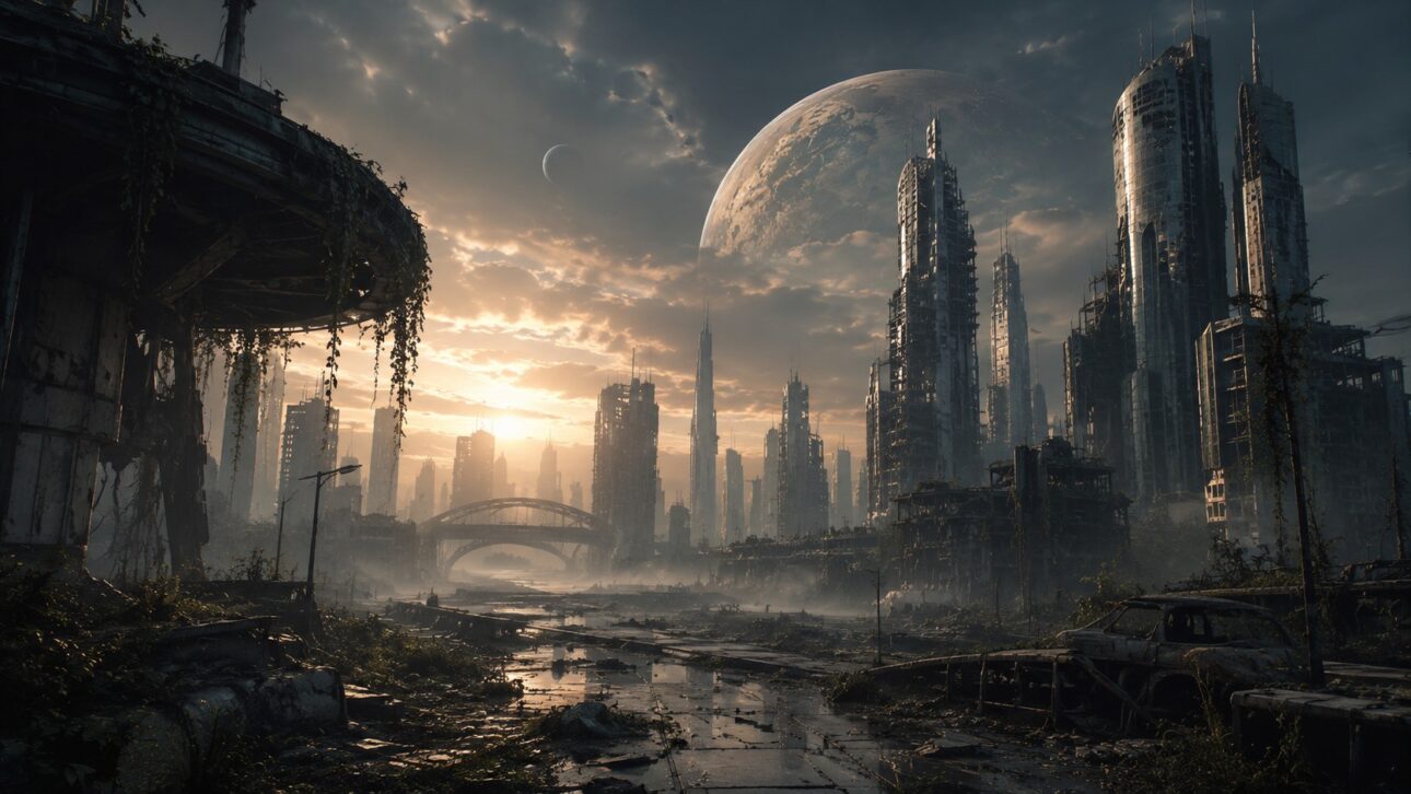 Advanced civilization disappearing on a distant planet, futuristic city abandoned under alien sky, mysterious atmosphere