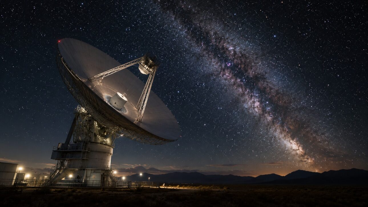 Giant radio telescope observing the night sky full of stars, a feeling of silent search for extraterrestrial life