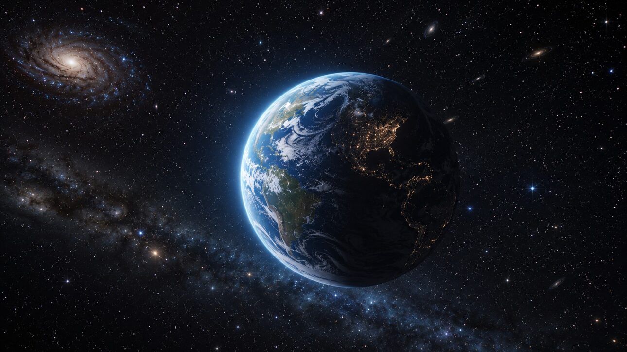 View of Earth shining alone in deep space, galaxies in the background, atmosphere of rarity and preciousness of intelligent life. Illustration