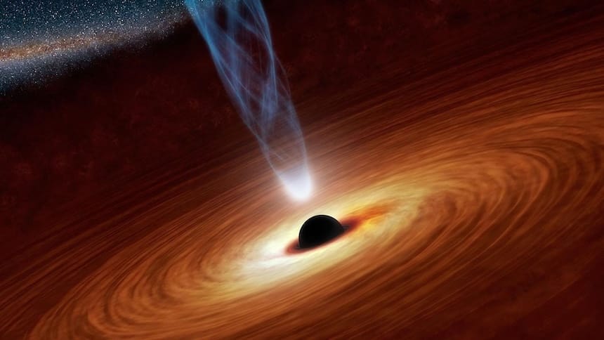 A pitch-black sphere representing a black hole is surrounded by swirling pools of orange light, suspended in space.