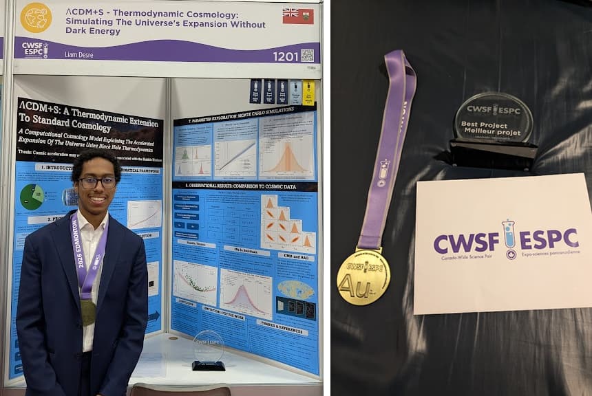 On the left, a teen boy smiles in front of a scientific poster. On the right is a science fair gold medal