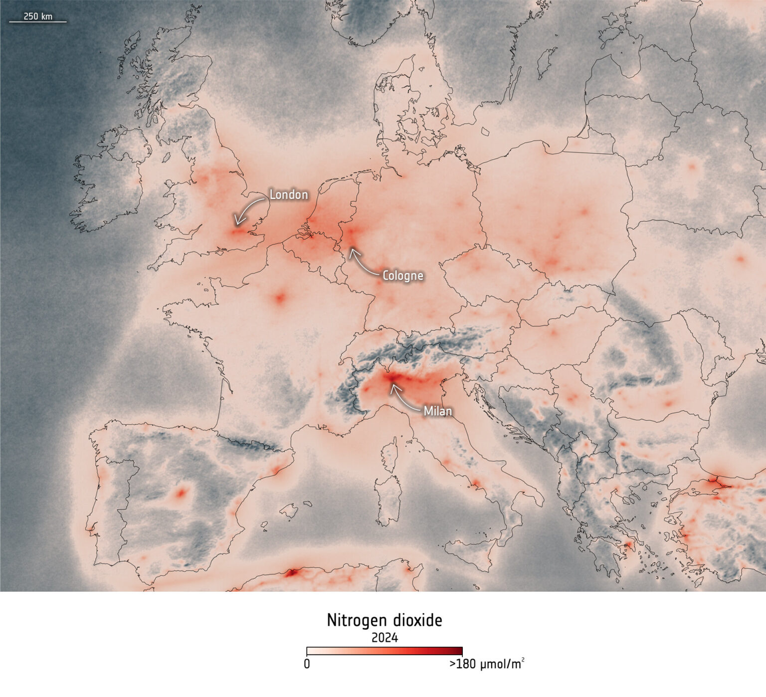 Nitrogen dioxide over Europe 2019 and 2024 Nitrogen dioxide over Europe 2019 and 2024