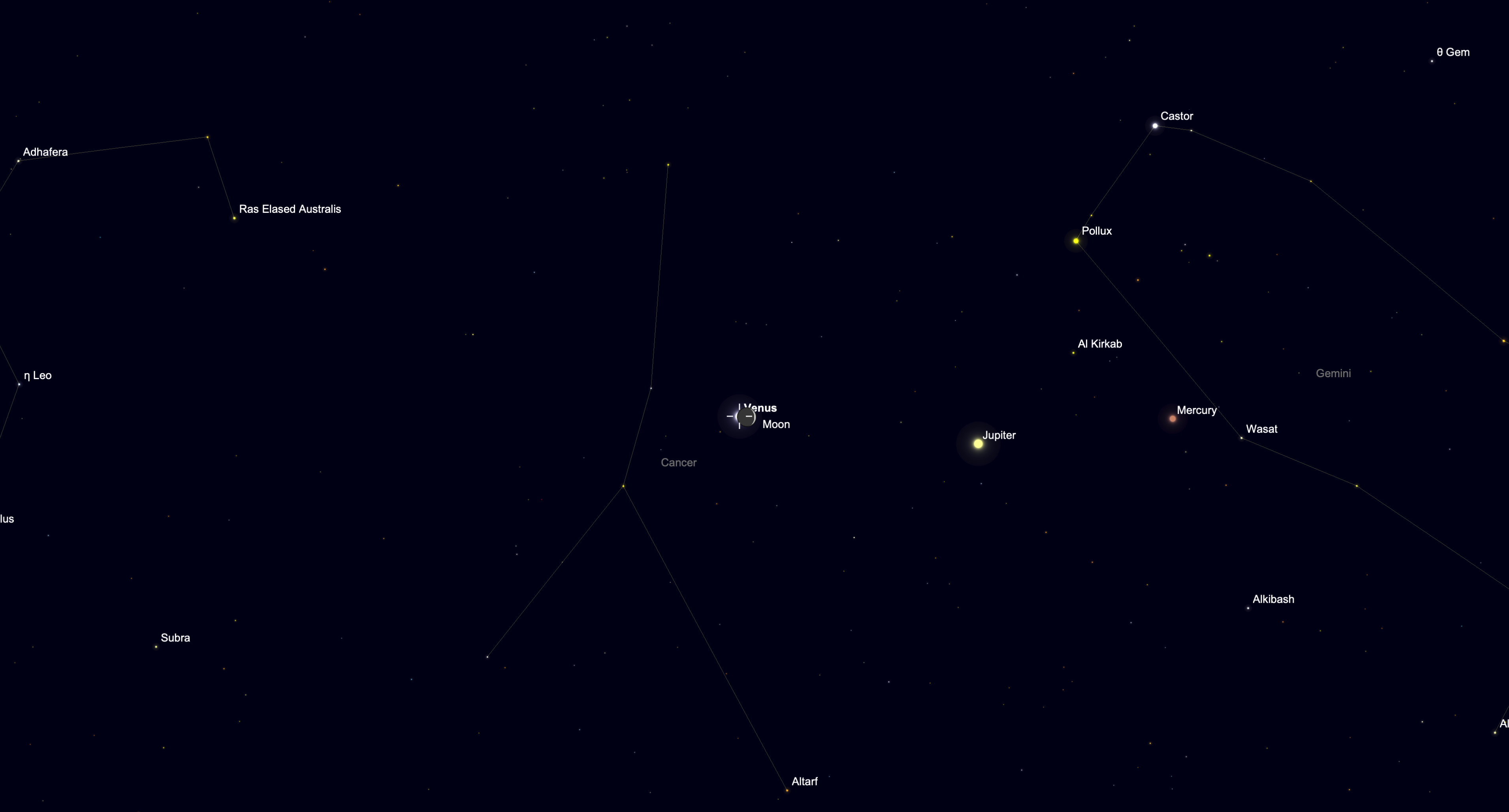 Star chart showing the moon covering Venus in the daytime sky on June 17.