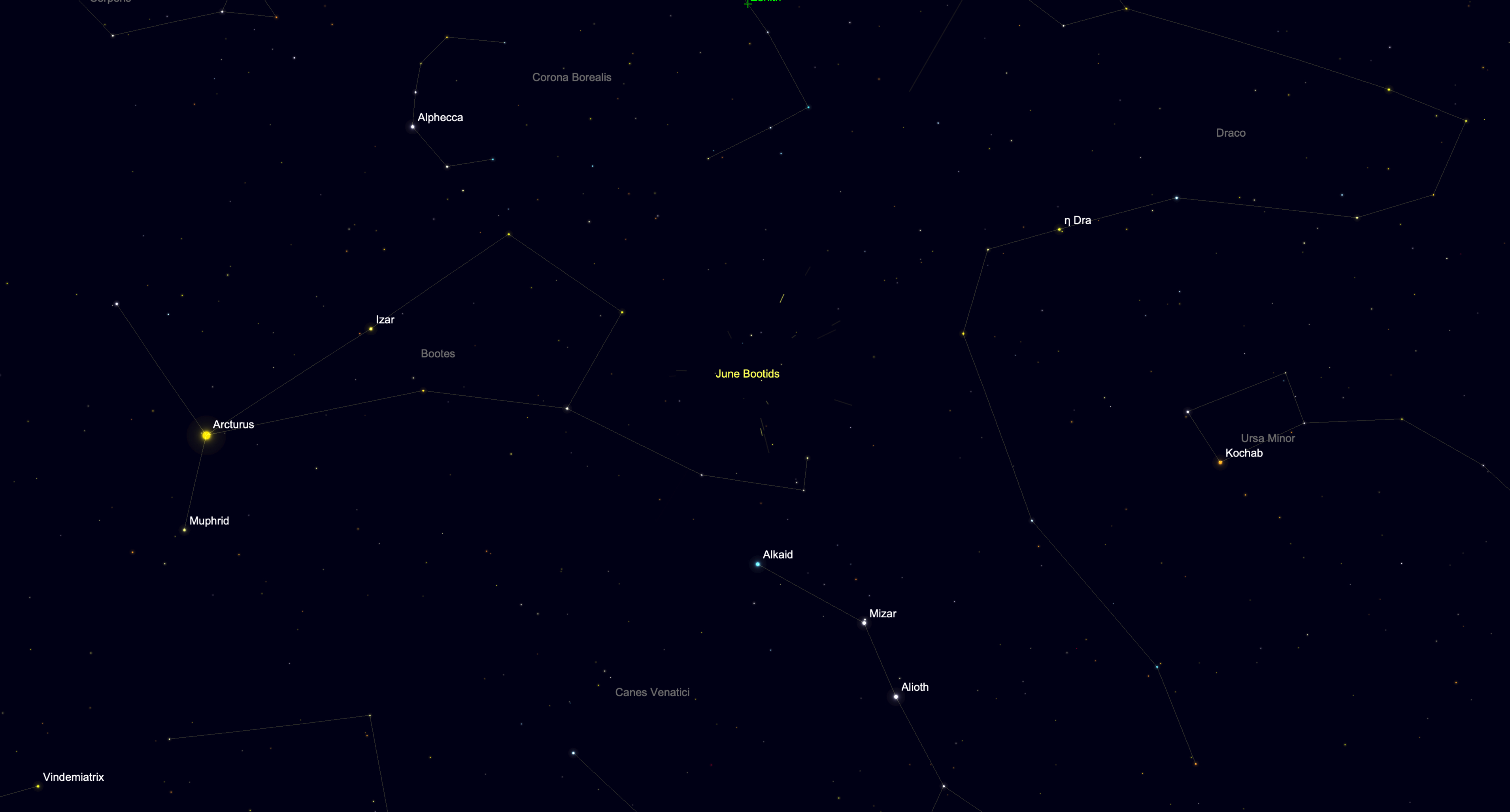 Star chart showing the radiant point of the June Bootids meteor shower in Bootes.