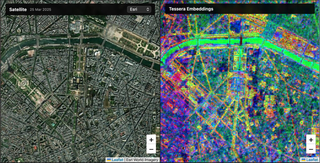 View of Paris: Satellite vs. Tessera embedding